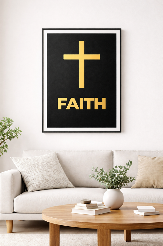 Christian Cross Wall Art – Minimalist Gold Cross Faith Print | Modern Christian Decor