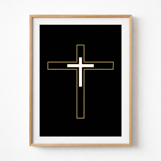 Minimalist Christian Cross Wall Art – Gold Faith Design on Black