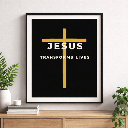 Jesus Transforms Lives Christian Wall Art Printable – Gold Cross Minimalist Bible Verse Digital Download